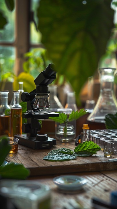 Botanical research setup: microscope, lab vials and hemp leaves on a workbench